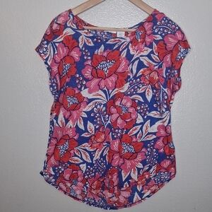 Sigrid Olsen Top Floral Linen Knit Lightweight Tee Tropical Pink Red Blue XL
